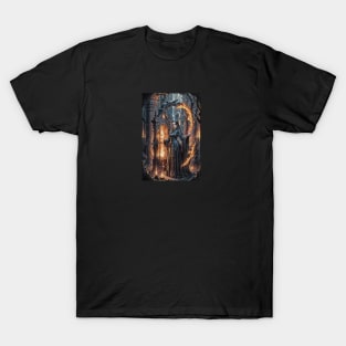 Fantasy witch girl and fire in ruins T-Shirt